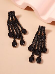 Rhinestone Tassel Drop Earrings - Gun Black - View 3