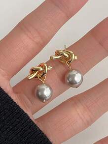 Bông tai hình giọt nước trang trí bằng ngọc trai & nút thắt - Nhiều màu - Xem 1