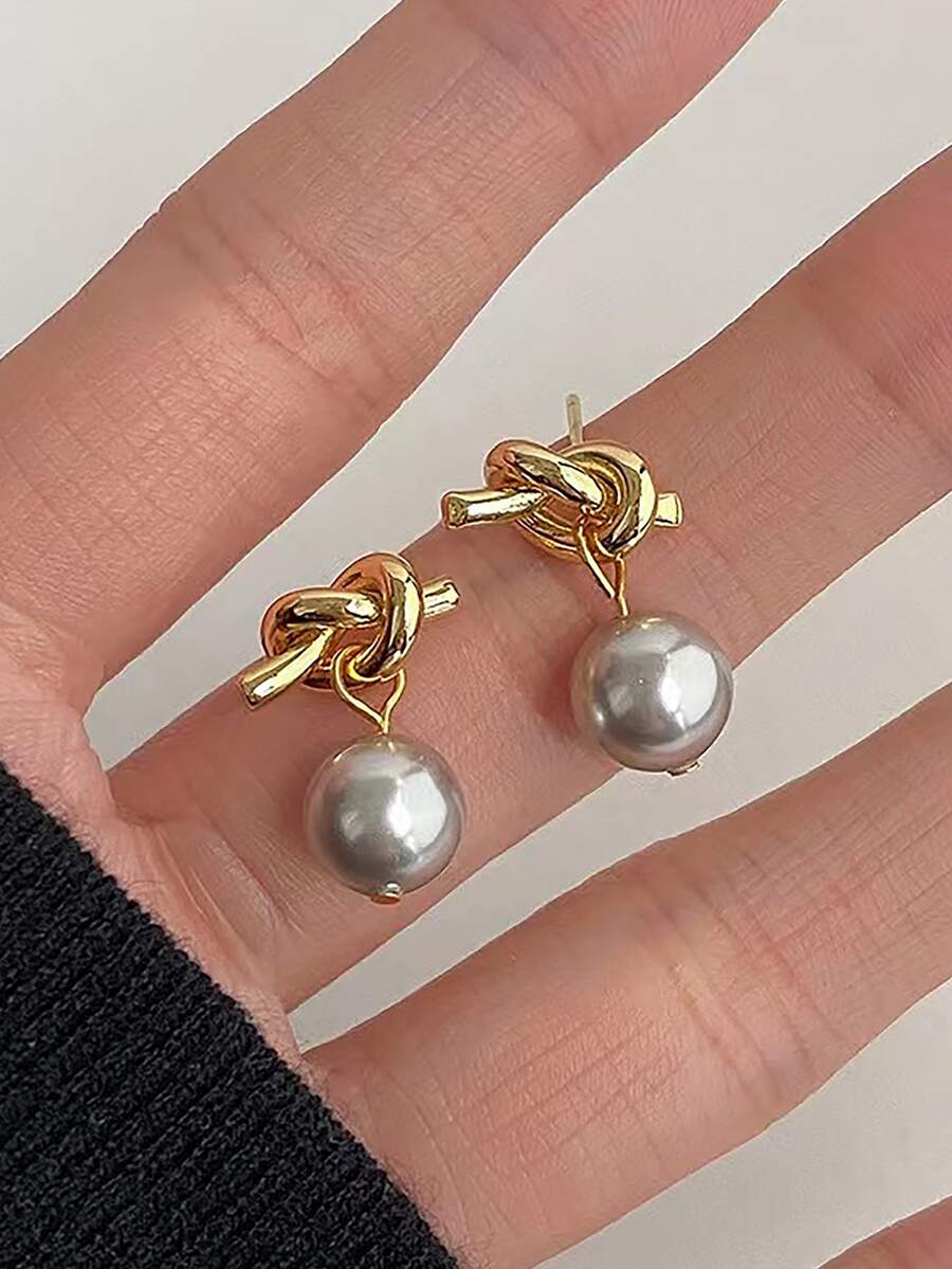 Bông tai hình giọt nước trang trí bằng ngọc trai & nút thắt - Nhiều màu - Xem 1