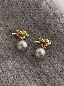 Bông tai hình giọt nước trang trí bằng ngọc trai & nút thắt - Nhiều màu - Xem 2