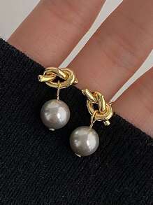 Bông tai hình giọt nước trang trí bằng ngọc trai & nút thắt - Nhiều màu - Xem 4