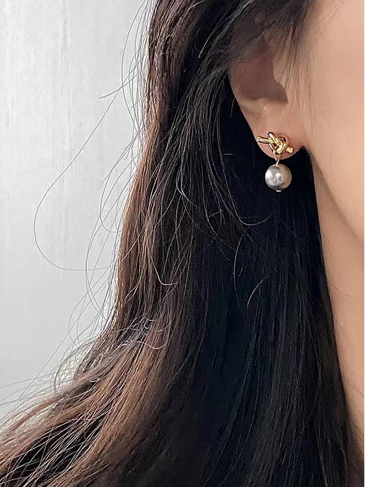 Pendientes largos con perla artificial & con diseño de nudo - Multicolor - Añade 5