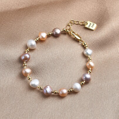 1 件 18K 镀金天然珍珠手链，母亲节、情人节、生日、订婚、婚礼、新娘礼物