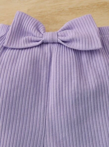 SHEIN Bebé de malla en contraste de manga farol con botón delantero Camiseta & con lazo delantero Shorts - Lila Púrpura - Ver 3