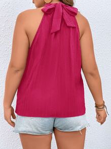 Calvaya 大碼素色後綁帶繞頸襯衫 - 玫紅色 - 查看 2