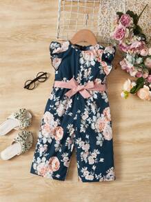 SHEIN Baby Floral Print Ruffle Trim Belted Jumpsuit - Navy Blue - View 1