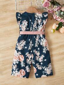 SHEIN Baby Floral Print Ruffle Trim Belted Jumpsuit - Navy Blue - View 2