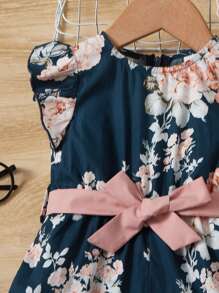 SHEIN Baby Floral Print Ruffle Trim Belted Jumpsuit - Navy Blue - View 3