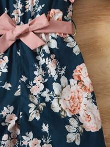 SHEIN Baby Floral Print Ruffle Trim Belted Jumpsuit - Navy Blue - View 4