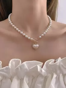 人造珍珠串珠項鍊心形吊飾OT帶扣可愛項鍊首飾適合任何場合 - 彩色 - 查看 1