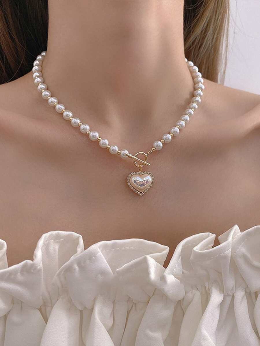 人造珍珠串珠項鍊心形吊飾OT帶扣可愛項鍊首飾適合任何場合 - 彩色 - 查看 1