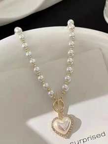 人造珍珠串珠項鍊心形吊飾OT帶扣可愛項鍊首飾適合任何場合 - 彩色 - 查看 2
