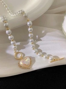 人造珍珠串珠項鍊心形吊飾OT帶扣可愛項鍊首飾適合任何場合 - 彩色 - 查看 3