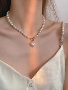 人造珍珠串珠項鍊心形吊飾OT帶扣可愛項鍊首飾適合任何場合 - 彩色 - 查看 4