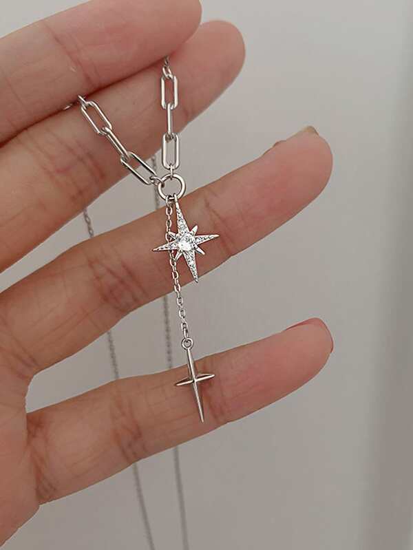 1pc Minimalist Zirconia Inlaid Star Pendant Necklace, Versatile For Party, Match Daily Outfits