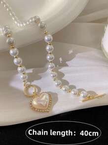 人造珍珠串珠項鍊心形吊飾OT帶扣可愛項鍊首飾適合任何場合 - 彩色 - 查看 5