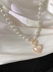 人造珍珠串珠項鍊心形吊飾OT帶扣可愛項鍊首飾適合任何場合 - 彩色 - 查看 6