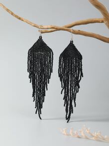 Bead Tassel Drop Earrings - Black - View 1