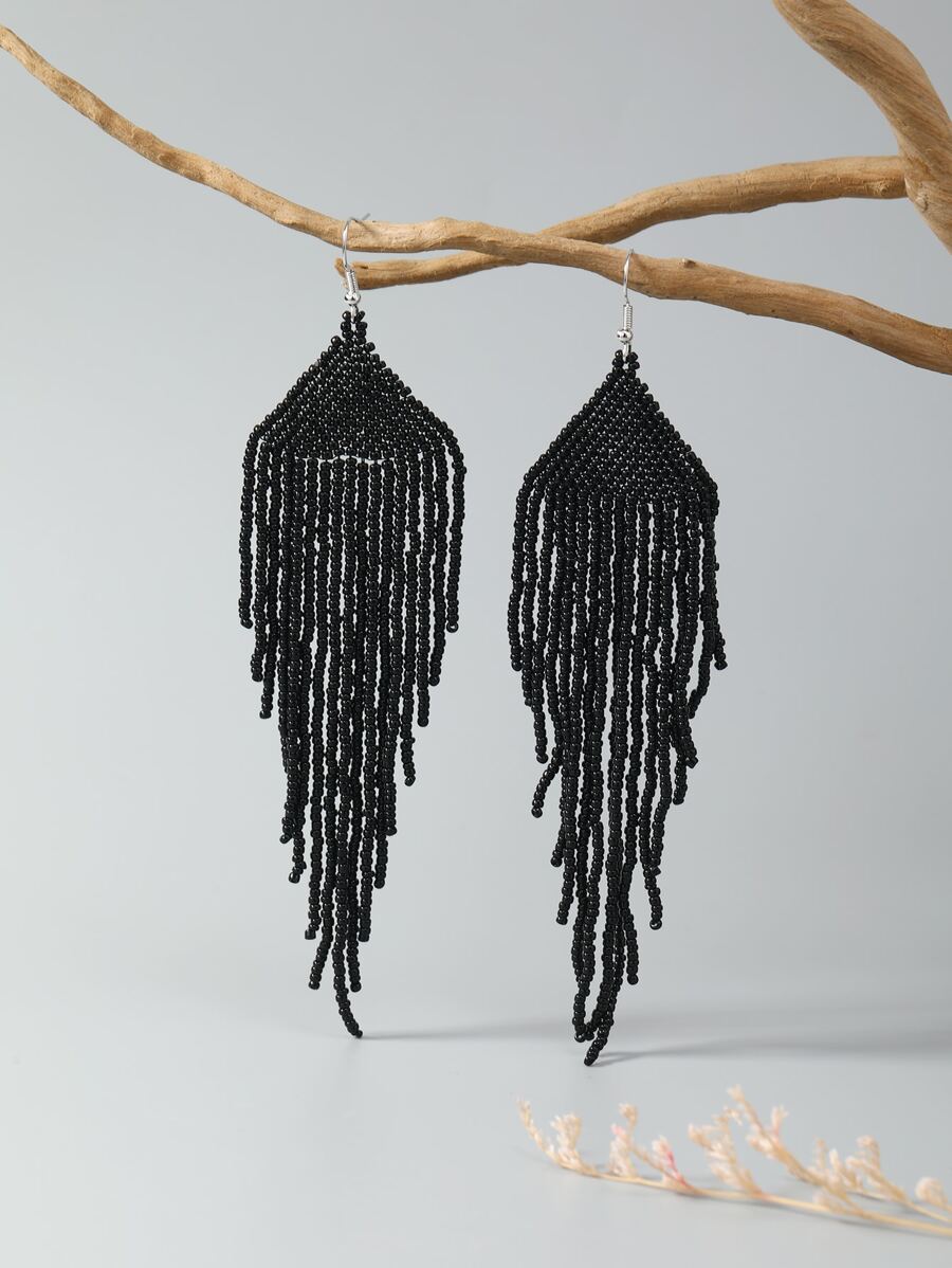 Bead Tassel Drop Earrings - Black - View 1
