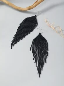 Bead Tassel Drop Earrings - Black - View 4