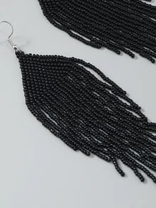 Bead Tassel Drop Earrings - Black - View 5