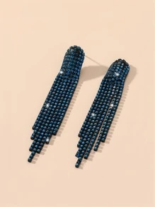 Rhinestone Tassel Drop Earrings - Navy Blue - View 3