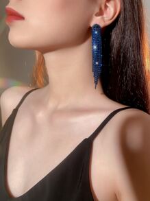 Rhinestone Tassel Drop Earrings - Navy Blue - View 5