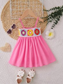 SHEIN Đứa bé gái Hoa Crochet trang trí Váy Dây - Hồng - Xem 6
