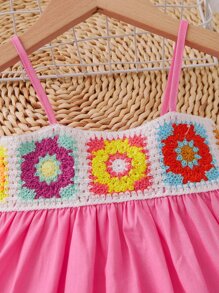 SHEIN Đứa bé gái Hoa Crochet trang trí Váy Dây - Hồng - Xem 8