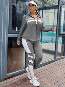 Gameset SHEIN Sport Plus Size Colorblock Zip Up Sports Jacket & Up Sports Jacket & Leggings - Dark Grey - View 1
