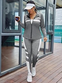 Gameset SHEIN Sport Plus Size Colorblock Zip Up Sports Jacket & Up Sports Jacket & Leggings - Dark Grey - View 3