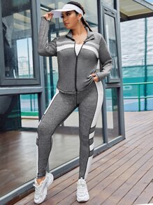 Gameset SHEIN Sport Plus Size Colorblock Zip Up Sports Jacket & Up Sports Jacket & Leggings - Dark Grey - View 5
