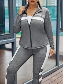 Gameset SHEIN Sport Plus Size Colorblock Zip Up Sports Jacket & Up Sports Jacket & Leggings - Dark Grey - View 6