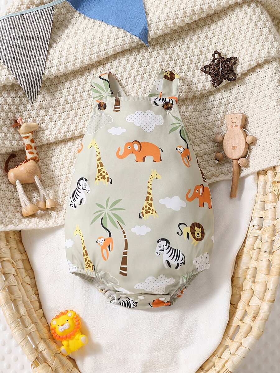 男嬰卡通動物印花背帶連體衣 - 卡其色 - 查看 1