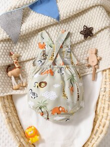男嬰卡通動物印花背帶連體衣 - 卡其色 - 查看 2
