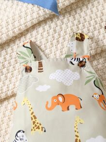 男嬰卡通動物印花背帶連體衣 - 卡其色 - 查看 3