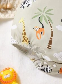 男嬰卡通動物印花背帶連體衣 - 卡其色 - 查看 5