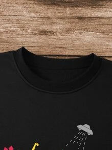 Manfinity Dauomo 男士 Geo 恐龙印花保暖内衬卫衣，秋冬季长袖上衣 - 黑色 - 查看 3