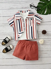 Baby Boy Striped Print Shirt & Shorts Without Tee - Multicolor - View 1