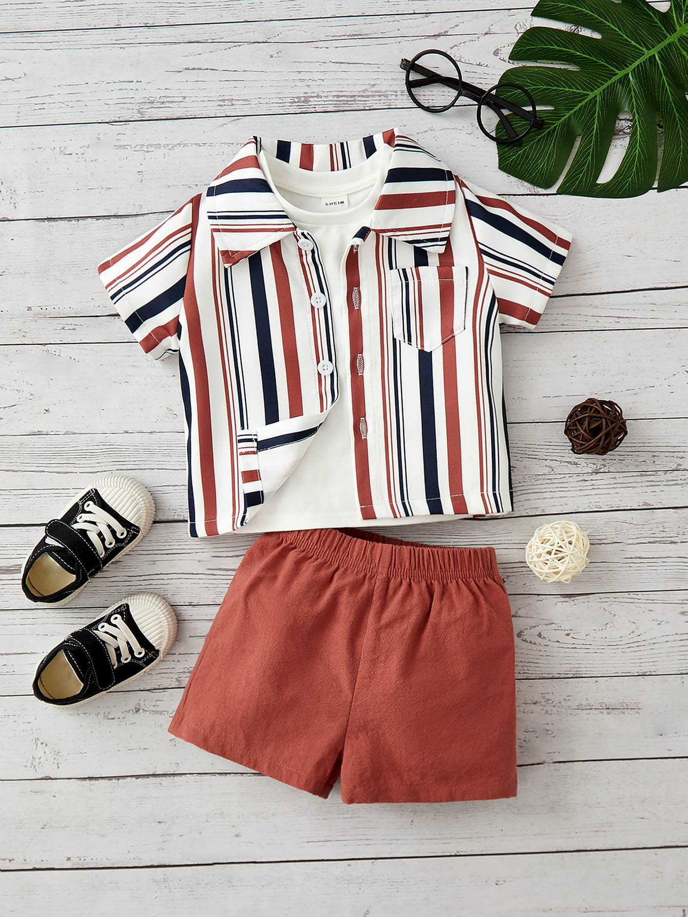 Baby Boy Striped Print Shirt & Shorts Without Tee - Multicolor - View 1