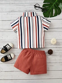 Baby Boy Striped Print Shirt & Shorts Without Tee - Multicolor - View 2