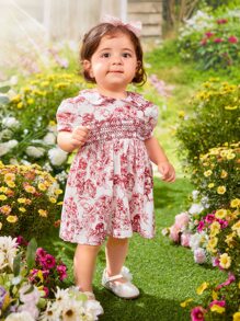 嬰兒花卉圖案和房屋印花泡泡袖洋裝