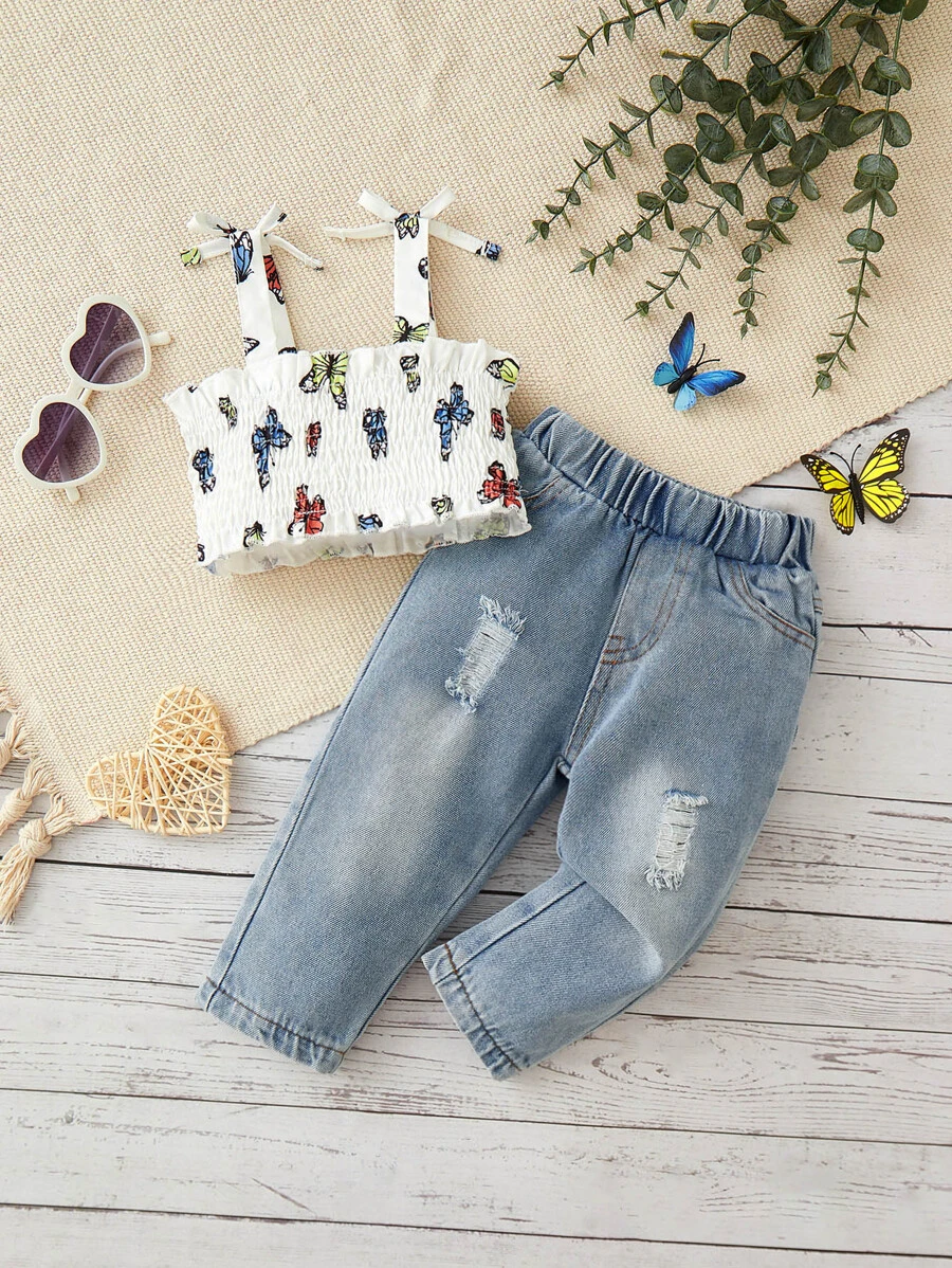 Bebé con estampado de mariposa Top de tirantes & desgarro crudo con lavado Jeans - Azul y blanco - Ver 1