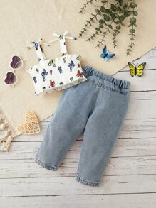 Bebé con estampado de mariposa Top de tirantes & desgarro crudo con lavado Jeans - Azul y blanco - Ver 2