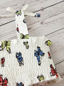 Bebé con estampado de mariposa Top de tirantes & desgarro crudo con lavado Jeans - Azul y blanco - Ver 3