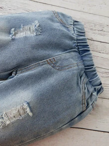 Bebé con estampado de mariposa Top de tirantes & desgarro crudo con lavado Jeans - Azul y blanco - Ver 4