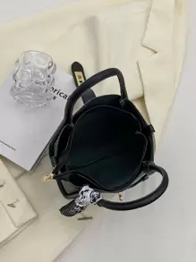 時尚,簡約,休閒風格,1件流行荔枝紋純色鎖匙和拉鍊頂部pu手提包斜挎包,帶有頸巾裝飾,適用於女孩和少女的日常使用 - 黑色 - 查看 5