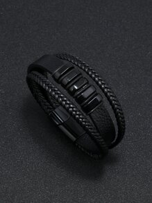 1 件装欧美时尚多层编织男士皮革手链带磁扣，简约朋克风格腕绳 - 黑色 - 查看 1