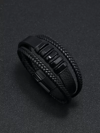 1 pieza Brazalete trenzado de varias capas estilo europeo y americano para hombres con cierre magnético, estilo minimalista y punk