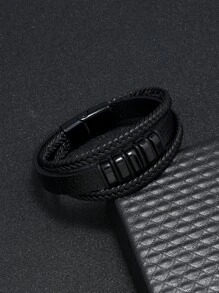 1 件装欧美时尚多层编织男士皮革手链带磁扣，简约朋克风格腕绳 - 黑色 - 查看 2